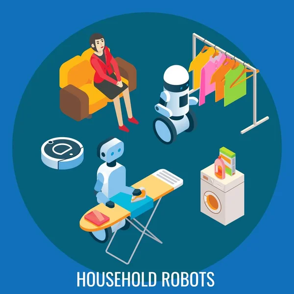 Smart rumah robot ai membantu orang dengan binatu, membersihkan rumah, menyetrika pakaian, vektor isometrik ilustrasi. - Stok Vektor