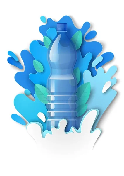 Bere bottiglia di plastica di acqua, schizzi di liquido taglio di carta e gocce, illustrazione vettoriale. Acqua minerale annunci modello. — Vettoriale Stock