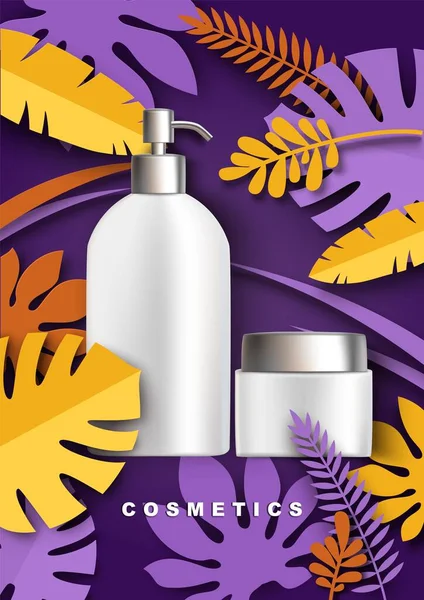 Garrafas cosméticas mockup, folhas de plantas tropicais cortadas em papel, ilustração vetorial. Modelo de anúncios de produtos de cuidados com a pele beleza. — Vetor de Stock