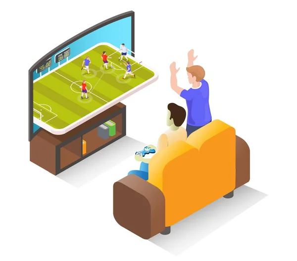 Férfi játékos focimeccset játszik a tv-ben a vezérlő, izometrikus vektor illusztráció. Online és konzolos játék. — Stock Vector