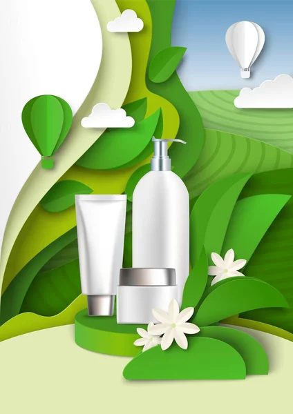 Extrato de chá verde cuidados da pele modelo de anúncios de produtos, ilustração vetorial. Mockups de garrafas de cosméticos, folhas de corte de papel, campos —  Vetores de Stock