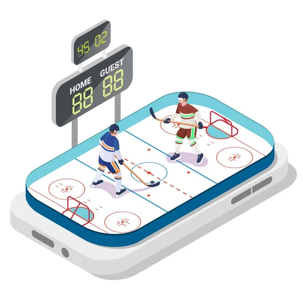 Hockey sobre hielo móvil, ilustración de vectores planos. Isométrica pista de deporte, jugadores, marcador en la pantalla del teléfono inteligente. En línea juego — Archivo Imágenes Vectoriales