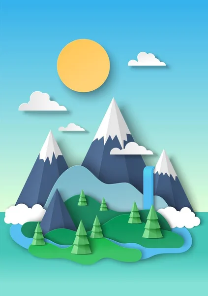 Nature landscape, background. Snowy mountain tops, waterfall, vector paper cut illustration. Tourism, traveling, hiking. — Stock Vector