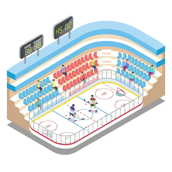 Estadio isométrico de hockey sobre hielo, jugadores y aficionados, ilustración vectorial plana. Arena de hockey sobre hielo, pista de patinaje, campo deportivo, tribuna. — Archivo Imágenes Vectoriales