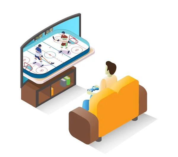 Hombre jugador jugando hockey sobre hielo videojuego en la televisión con controlador, ilustración vectorial isométrica. Juegos en línea y de consola. — Archivo Imágenes Vectoriales
