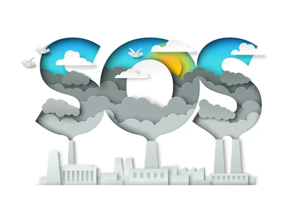 SOS，停止空气污染排印横幅模板。纸张艺术风格的矢量图解。拯救环境、生态. — 图库矢量图片