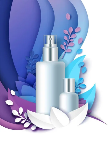 Garrafas cosméticas mockup, papel cortado fundo floral, ilustração vetorial. Modelo de anúncios de produtos de beleza e cuidados com a pele. —  Vetores de Stock