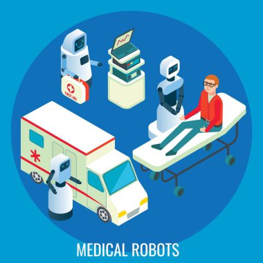Hastalara tıbbi yardım sağlayan hastane robotları, vektör izometrik çizim. Sağlık ve tıpta Al.