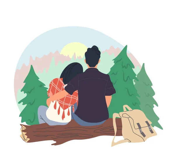 Pareja romántica viendo el amanecer sentado en el tronco, ilustración vectorial. Senderismo, camping. Actividad al aire libre de verano. — Vector de stock