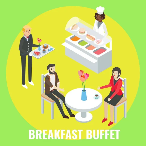 Hotelgasten ontbijten in restaurant, vlakke vector isometrische illustratie. Ontbijtbuffet — Stockvector