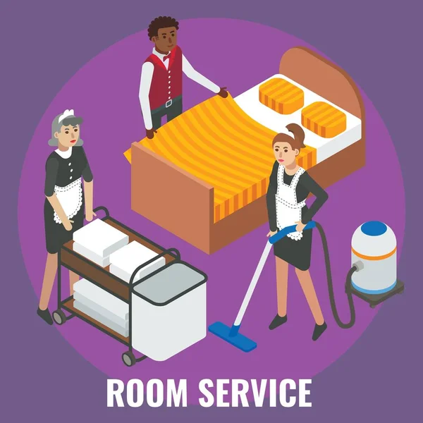 Empregada doméstica do hotel, personagens mais limpos fazendo cama, sala de limpeza, ilustração isométrica vetorial plana. Serviços de quartos de hotel —  Vetores de Stock
