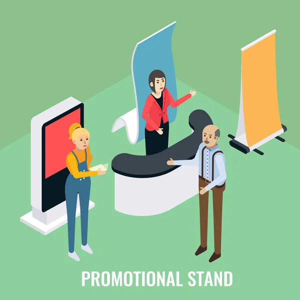 Stands promocionales. Promotores de ventas que anuncian productos al cliente, ilustración isométrica vectorial. Stand de exposición. — Archivo Imágenes Vectoriales