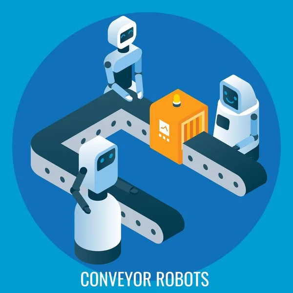 Linea di produzione automatizzata, robot trasportatori, illustrazione isometrica vettoriale. Automazione nell'industria, tecnologia robotica — Vettoriale Stock