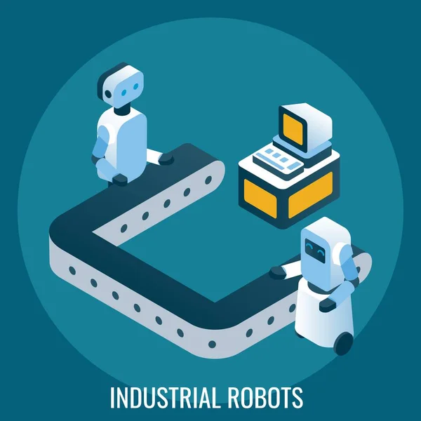 Automated production line, industrial robots, vector isometric illustration. Automation in industry, robotics technology — Stock Vector