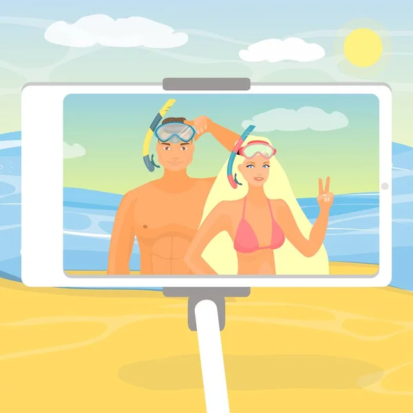 Casal feliz tirando selfie na praia, ilustração vetorial plana. Férias de verão, férias na praia, viagem. — Vetor de Stock