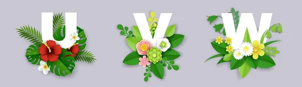 Alfabet kwiatowy, ilustracja ciętego papieru wektorowego. U, V, W Angielskie duże litery z egzotycznymi liśćmi tropikalnymi i kwiatami. — Wektor stockowy