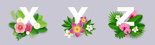 플 로럴 알파벳, 벡터 페이퍼 컷 일러스트. X, Y, Z 독특 한 열 대 잎 과 꽃 이 있는 영어 대문자. — 스톡 벡터
