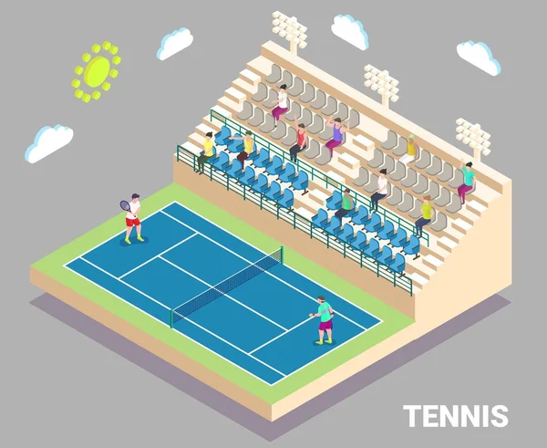 Isometrische tennisstadion met buitenbaan en tribune. Sportveld met spelers en fans, vlakke vectorillustratie. — Stockvector