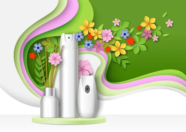 Luchtverfrisser verpakking fles, aroma stick mockup set op podium, papier gesneden bloemen achtergrond, vector illustratie. — Stockvector