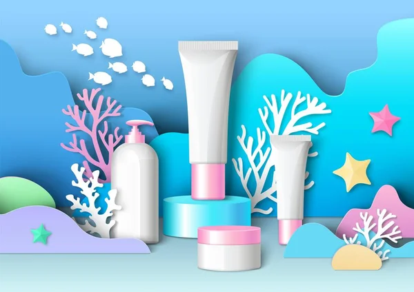 Šablona pro kosmetické reklamy, vektorová ilustrace. Bílé prázdné kosmetické láhve mokup set, papír řezané pod vodou svět. — Stockový vektor