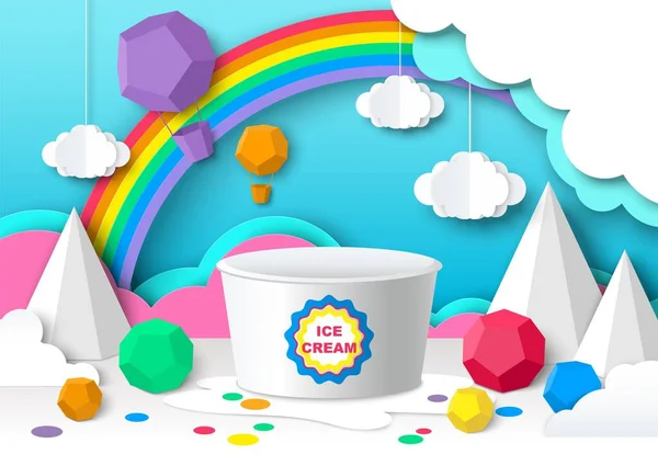 Ice cream plastic bucket mockup, paper cut sky clouds rainbow, vector illustration. Sweet dessert dairy food product ads — Stock Vector