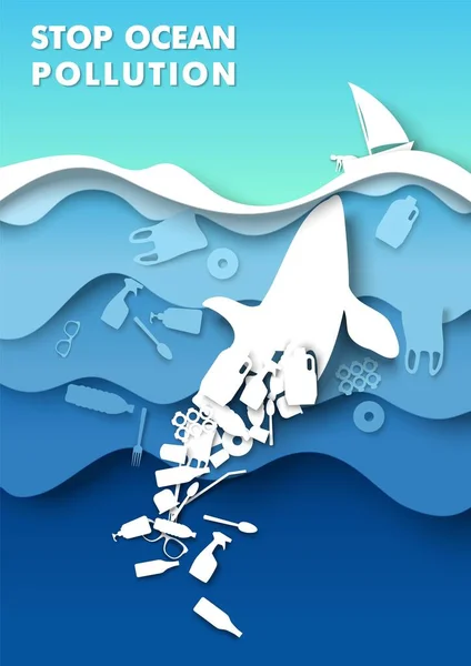 Detener la contaminación del océano plantilla de póster. Papel cortado fondo submarino, animal marino, ilustración vectorial de basura flotante — Vector de stock