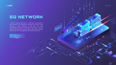5G ağ web sitesi afişi, web sayfası tasarım şablonu, izometrik neon vektör illüstrasyonu. 5G internet teknolojisi.