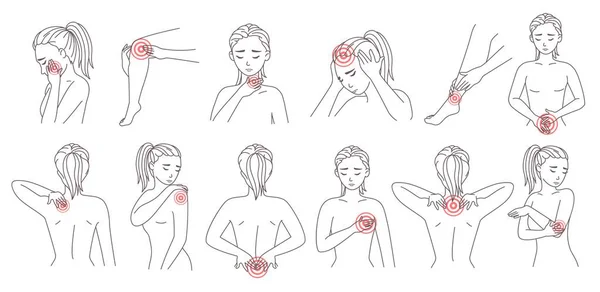 Weiblicher Körper Schmerzzone gesetzt, Vektorillustration. Kranke Körperteile des Patienten rote Schmerzpunkte. Migräne, Kopf- und Rückenschmerzen. — Stockvektor