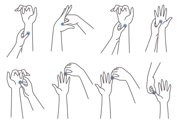 Tecnica di massaggio mano agopuntura. Donna che preme dito, palmo, punti di polso, illustrazione vettoriale. Medicina cinese. — Vettoriale Stock