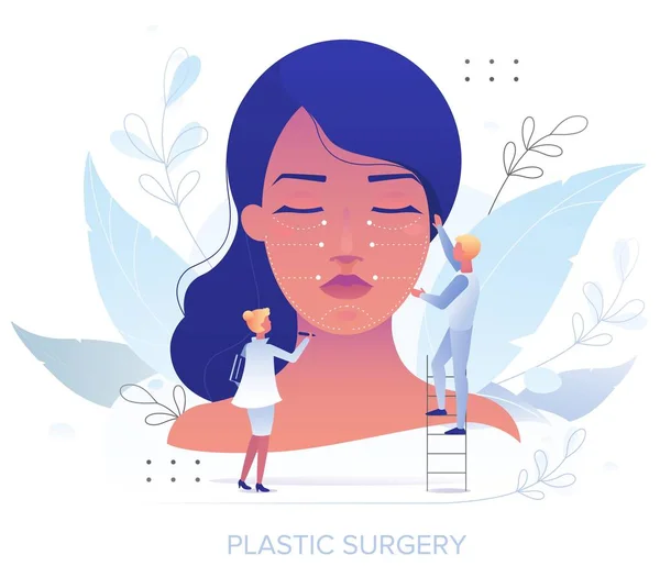 Doctor plastic surgeon drawing incision lines with marker on female face, vector illustration. Plastic aesthetic surgery — Stock Vector