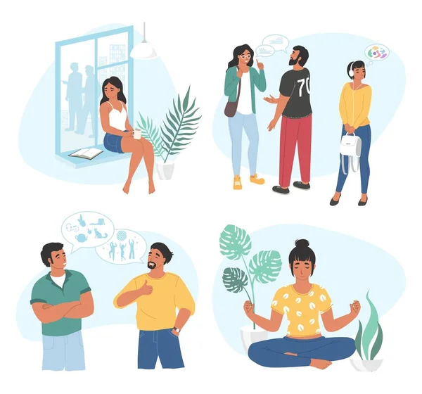 Extrovert and introvert. Extraverted and introverted mindset people. Extraversion, introversion, vector illustration. — Stock Vector