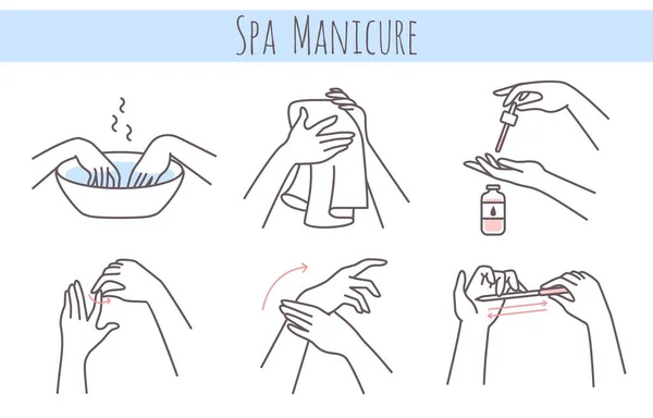 Spa manucure étapes de traitement. Nettoyer, tremper, hydrater, masser. Couper, limer, façonner. Illustration vectorielle soins de beauté ongles — Image vectorielle