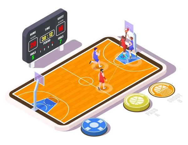 Isometrisches Basketballfeld mit Spielern auf dem Smartphone-Bildschirm, flache Vektordarstellung. Basketball-Handyspiel. — Stockvektor