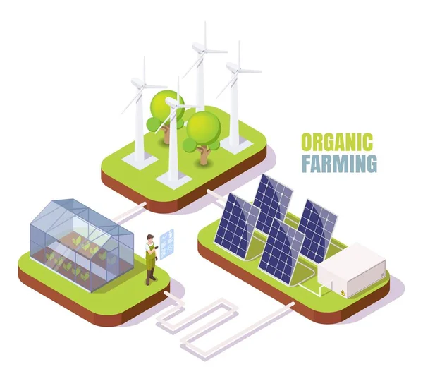 Granja orgánica. Invernadero isométrico, turbinas eólicas, paneles solares. Glasshouse usando energía alternativa limpia, vector. — Vector de stock