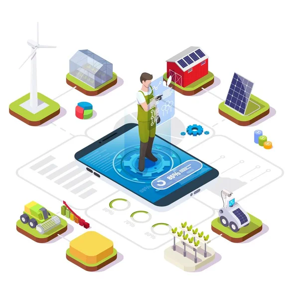 Smart organic farming vector isometric infographic. Farmer managing farm using mobile app. Iot, drones, ai technologies. — Stockový vektor