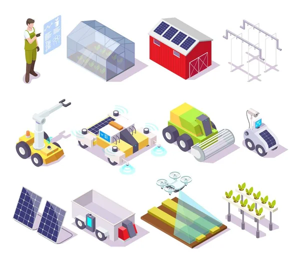 Granja inteligente, conjunto de iconos isométricos vectoriales. Granjero, dron, invernadero, panel solar, robótica agrícola equipos automatizados — Vector de stock