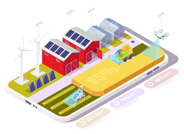 Granja inteligente en smartphone, ilustración isométrica vectorial. Control remoto inalámbrico. Muchas tecnologías en la agricultura. — Vector de stock