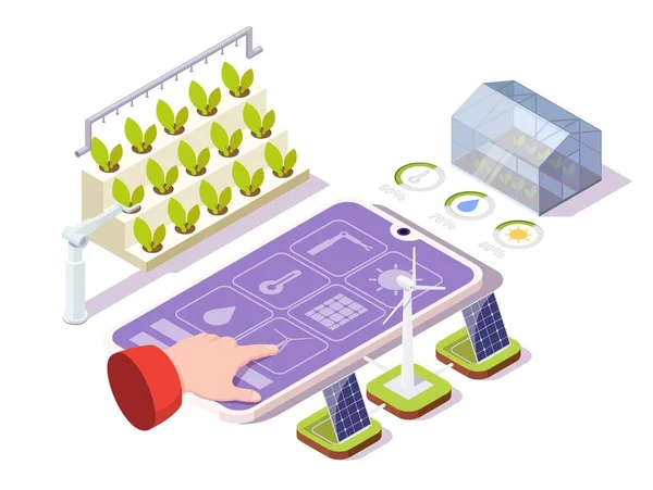 Agricoltura intelligente, illustrazione isometrica vettoriale. Serra biologica telecomandata. Tante tecnologie in agricoltura. — Vettoriale Stock