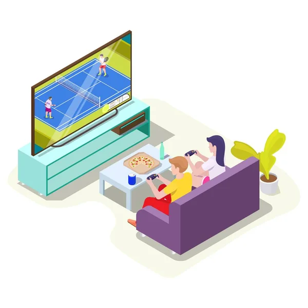 Чоловік і жінка в навушниках грають у тенісні відеоігри на телебаченні, векторні ізометричні ілюстрації. Інтернет ігри, консольні ігри — стоковий вектор