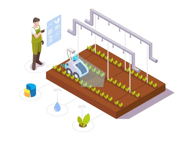 Farmer making greenhouse crop growth analysis using robotics technologies, vector isometric illustration. Smart farming. — Stockvektor
