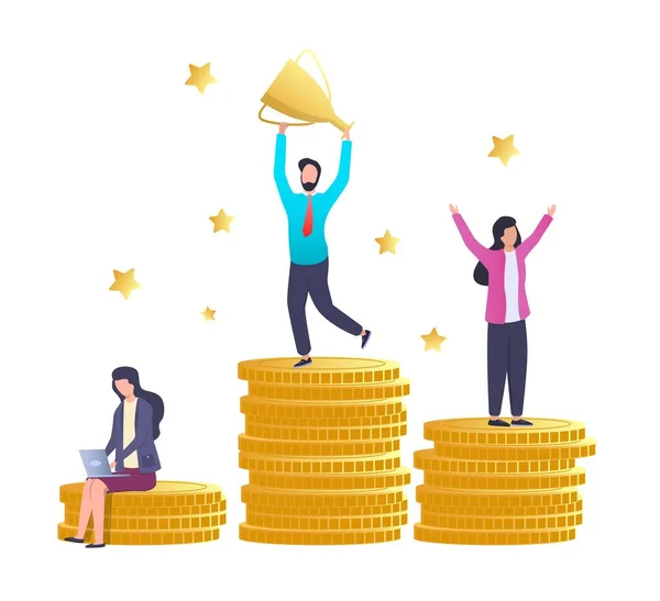 Goal achievement, financial success. The best employee on top of coin pile podium with trophy cup, vector illustration. — Stock Vector