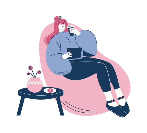 Happy woman enjoying coffee to go sitting in bean bag chair, vector illustration. Coffee break. Tea time. — Image vectorielle