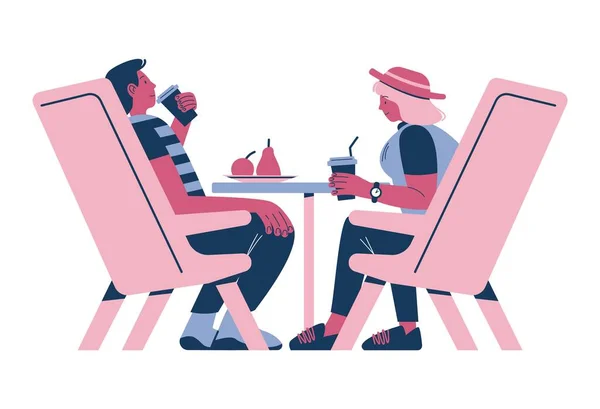 Happy couple taking rest, sitting at table in cafe, enjoying coffee drink, flat vector illustration. Coffee break. — Image vectorielle
