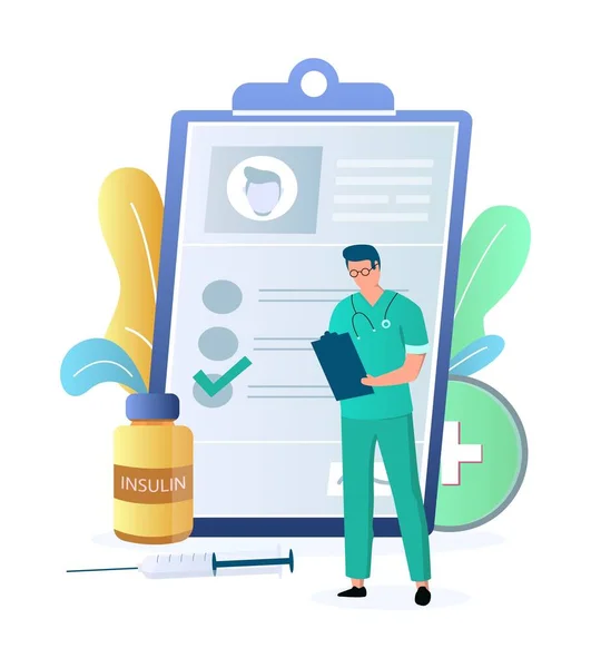 Doctor endocrinologist with patient record, syringe, vector illustration. Diabetes medication, insulin therapy treatment — Image vectorielle