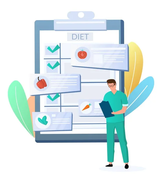 Dokter ahli gizi, ahli gizi dengan clipboard program diet, ilustrasi vektor datar. Vegan diet rencana, sehat makan. - Stok Vektor