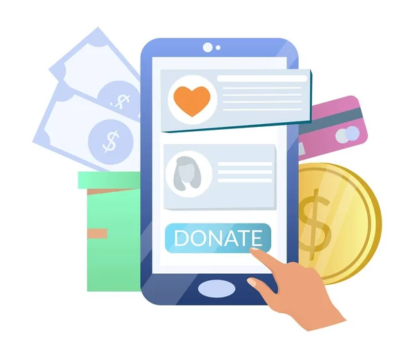 Online donation. Hand donating money using smartphone, vector illustration. Charity moble phone app. — Wektor stockowy