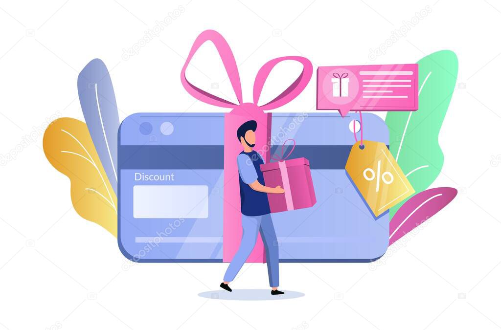 Discount card, man with gift box, vector illustration. Bonus gift card, coupon, voucher, earn reward, loyalty program.