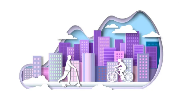 Hombre y mujer montando scooter de patada eléctrica, bicicleta, ilustración de corte de papel vectorial. Vehículo moderno, transporte urbano ecológico. — Archivo Imágenes Vectoriales