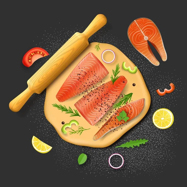 Fish pie ingredients. Dough, red salmon fillet, lemon, tomato slices, arugula and rosemary greens, vector illustration. — Stock Vector