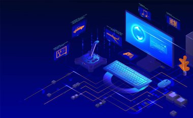 Bilgisayar oyunu seti. Isometric masaüstü bilgisayar monitörü, klavye, fare, oyun denetleyici. PC oyun aksesuarları, vektör